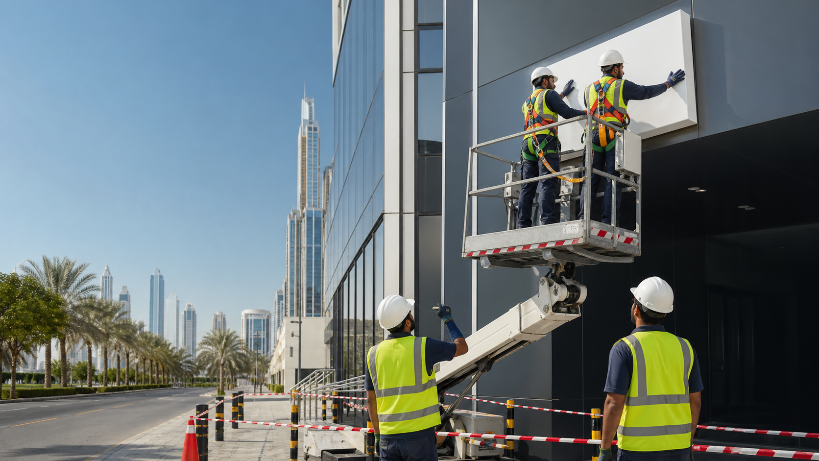 Signage installation team following site safety procedures